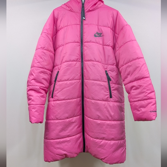 Nike Jackets & Blazers - Nike Bright Pink Long Puffer Jacket with Hood